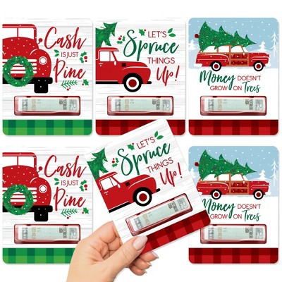 Big Dot of Happiness Merry Little Christmas Tree - DIY Assorted Red Truck and Car Christmas Party Cash Holder Gift - Funny Money Cards - Set of 6