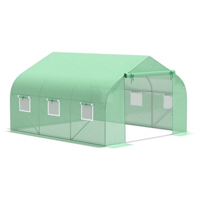 Outsunny Outdoor Walk-In Tunnel Greenhouse Hot House with Roll-up Windows, Zippered Door, PE Cover, Green