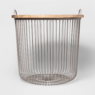 Wire Kids' Storage Floor Bin Gray - Pillowfort™: Round Metal & Wood Basket with Lid and Handles