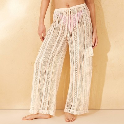 Women's Crochet Mid-Rise Swim Cover Up Cargo Pants - Wild Fable™ Cream