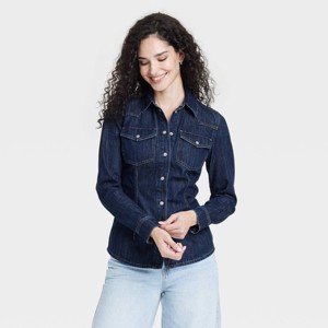 Women's Slim Fit Tailored Long Sleeve Western Denim Shirt - Universal Thread™ - 1 of 3