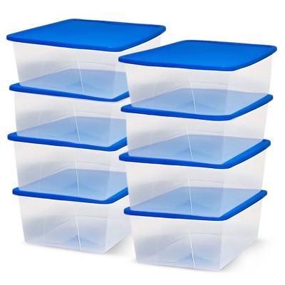 Homz Snaplock 12-Quart Plastic Multipurpose Stackable Storage Container Bins with Blue Snaplock Lid for Home and Office Organization, Clear (8 Pack)