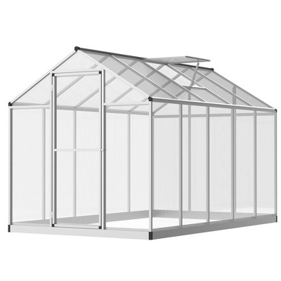 Outsunny Walk-In Polycarbonate Greenhouse with Roof Vent for Ventilation & Rain Gutter, Hobby Greenhouse for Winter