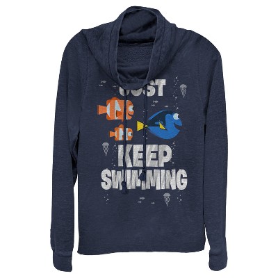 Juniors Womens Finding Dory Just Keep Swimming Cowl Neck Sweatshirt