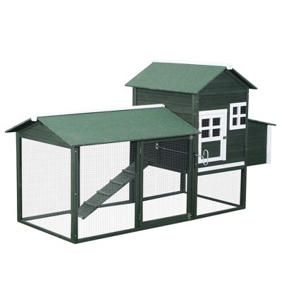 PawHut 84" Wooden Chicken Coop, Chicken House Poultry Hen Cage with Covered Big Run, Nesting Box, and Perches