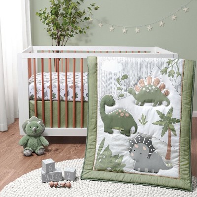 The Peanutshell Baby Crib Bedding Set for Boys, Dinosaur Nursery Decor, Sage Green, Crib Comforter Set