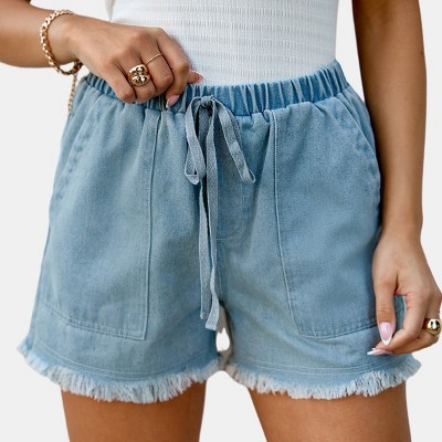 Women's Denim Frayed Drawstring Shorts -Cupshe