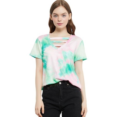 Anna-Kaci Women's Tie Dye Printed Stripe Stretch Short Sleeve Casual Loose Tops T-shirts