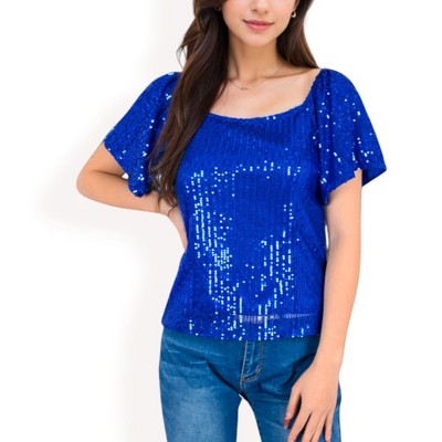 Anna-Kaci Women's Short Sleeve Square Neck Sequin Top for Special Occasions