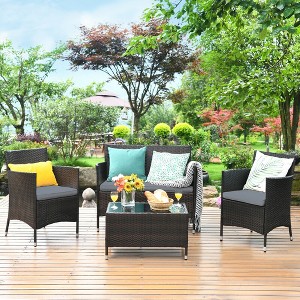 Costway 4PCS Outdoor Patio Rattan Furniture Set Table Shelf Sofa W/ Turquoise/Red/Gray Cushion - 1 of 4