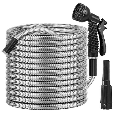 iMountek "Heavy Duty Stainless Steel Garden Hose, Flexible, Kink-Free, 2 Nozzles, 12 Patterns" Silver 100FT Length