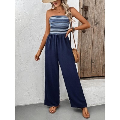 Women's Casual Summer Strapless Jumpsuits Off Shoulder Sleeveless Romper With Pocket