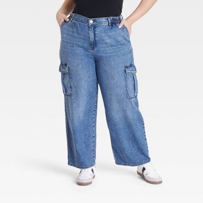 Women's High-Rise Denim Cargo Pants - Ava & Viv™ Medium Wash