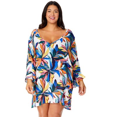 Women's Plus Size Riviera Floral Flounce V Neck Tunic Swimsuit Cover Up  Plus Size