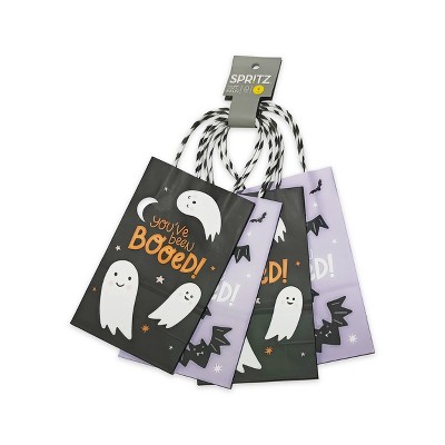 4pk Halloween Black/Purple Boo Tote Bag - Spritz™: Ghost Pattern, Multicolor Paper Gift Bags, 8.375" Height, 5.25" Width