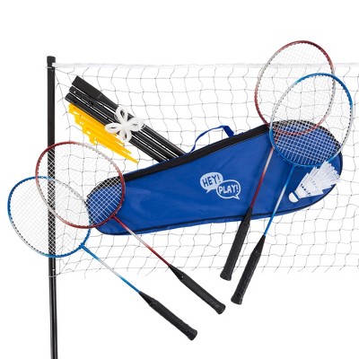 Toy Time All-in-One Portable Outdoor Badminton Game Set - Includes 4 Racquets, 3 Shuttlecocks, Regulation-Size Net, Ground Anchors, and Carrying Case
