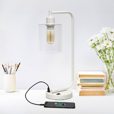 Creekwood Home Vintage Vantage 18.8" Curved Arm Desk Lamp with Glass Shade and USB Ports
