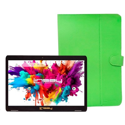 LINSAY 10.1" Octa Core 128GB Storage Android 14 Tablet with Green Leather Case
