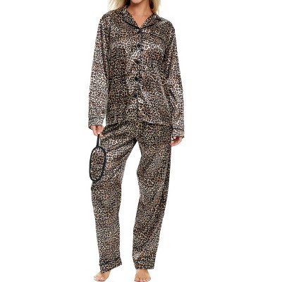 ADR Women's Satin Pajamas Set, Button Down Long Sleeve Top and Pants with Pockets, Silk like PJs with Matching Sleep Mask