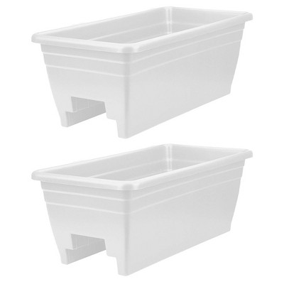 The HC Companies 24 Inch Wide Heavy Duty Plastic Deck Rail Mounted Garden Flower Planter Boxes with Removable Drainage Plugs, 2 Pack, White