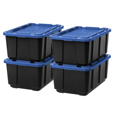 IRIS 4pk Heavy Duty Stackable Storage Totes with Lids Black Blue