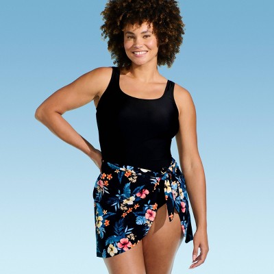 Lands' End Women's One Piece Swimsuit with Faux Pareo - Black