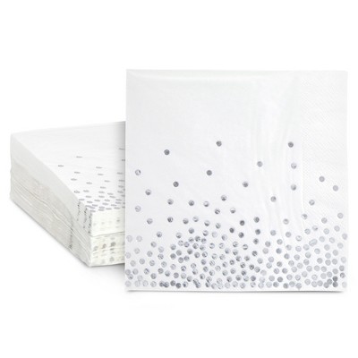 Blue Panda 50 Pack White and Silver Paper Napkins, Foil Polka Dots for Birthday Party Decorations, 3-Ply, 6.5 x 6.5 in