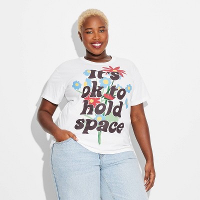 Women's It's Ok to Hold Space Short Sleeve Graphic T-Shirt - White 1X: Modern Lux, Crew Neck, Knit