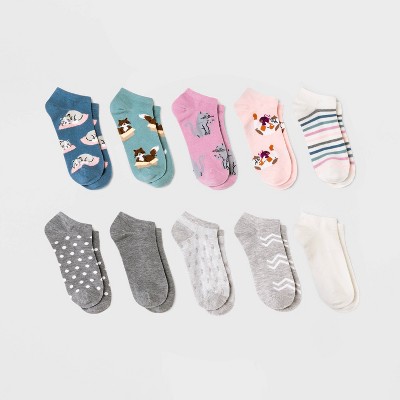 Women's Cat 10pk Low Cut Socks - Assorted Colors 4-10: Knit Animal Pattern, Banded Cuff