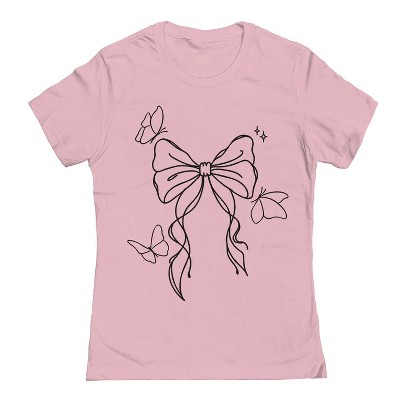 Rerun Island Women's Outline Bow And Butterflies Short Sleeve Graphic Cotton T-Shirt - Light Pink XXL