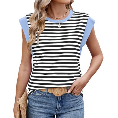 Womens Tank Tops Summer Casual Cap Sleeve Striped Shirt Crewneck T Shirts Loose Blouses 2025