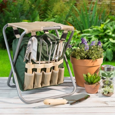 Nature Spring Folding Garden Stool with Detachable Pocket Bag and Gardening Tools - 250-lb Capacity