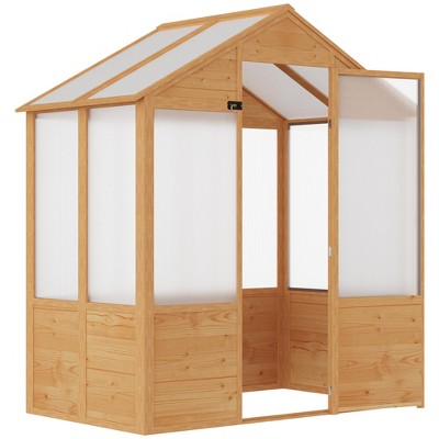 Outsunny 6.2' x 3.9' x 6.9' Polycarbonate Greenhouse, Walk-in Hot House Kit with Lockable Door, 5 Level Wind Resistant Wooden Frame, Natural Wood