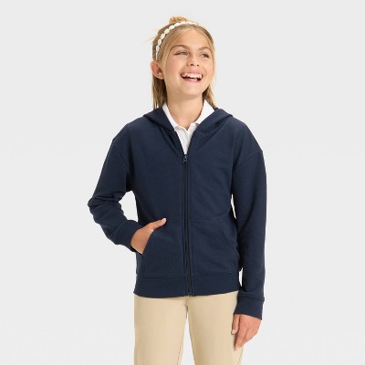 Girls' French Terry Zip-Up Hoodie Uniform Sweatshirt - Cat & Jack™ Blue
